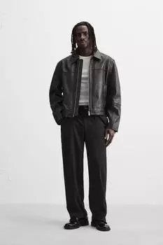 Кожаная куртка свободного покроя ZARA, черный