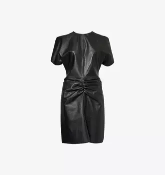 Кожаное мини-платье без рукавов с присборенной спереди отделкой Victoria Beckham, черный