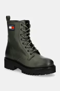 Кожаные байкерские ботинки Tommy Jeans TJW URBAN LACE UP BOOT, зеленый