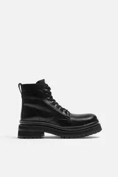 Кожаные ботинки на шнуровке ZARA, черный