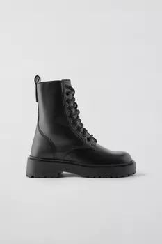 Кожаные ботинки со шнуровкой ZARA, черный