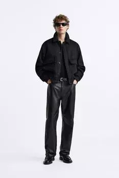 Кожаные брюки прямые ZARA, черный