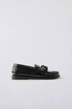 Кожаные лоферы с кисточками ZARA, черный