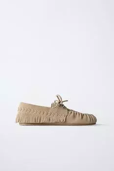 Кожаные мокасины с бахромой ZARA, бежевый