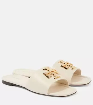 Кожаные шлепанцы Eleanor T Monogram Tory Burch, цвет light cream