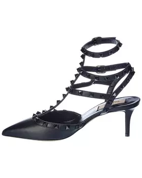 Кожаные туфли Valentino Rockstud Caged 65 с ремешком на щиколотке, черный