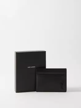 Кожаный картхолдер с пластинкой ysl Saint Laurent, черный