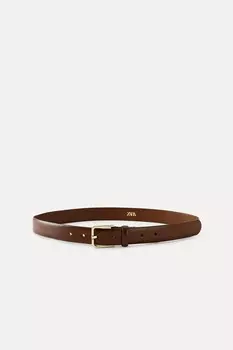 Кожаный ремень с квадратной пряжкой ZARA, коричневый