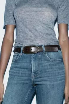 Кожаный ремень с овальной пряжкой ZARA, коричневый