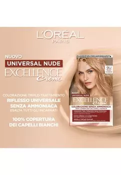 Краска для волос L'ORAL PARIS COLORAZIONE PERMANENTE EXCELLENCE UNIVERSAL NUDE SENZA AMMONIACA CON RIFLESSO UNIVERSALE ADATTO A TUTTI GLI INCARNATI COLORE INTENSO A LUNGA TENUTA, 2 PACK L'Oral Paris, желтый