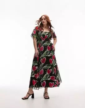 Красное и фиолетовое чайное платье миди с цветочным принтом Topshop