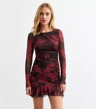 Красное сетчатое мини-платье с оборками и цветочным принтом New Look, красный