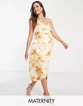 Кремовое атласное платье миди асимметричного кроя Missguided