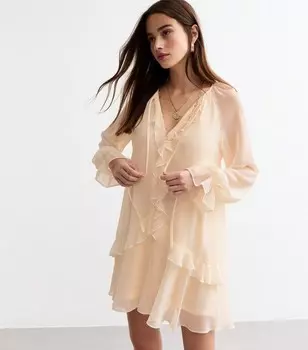 Кремовое шифоновое мини-платье с рюшами New Look, кремовый
