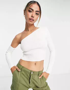 Кремовый асимметричный топ в рубчик с длинными рукавами Miss Selfridge