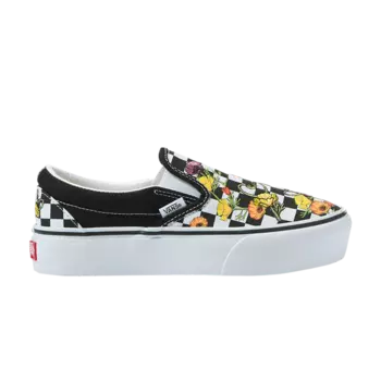 Слипоны женские в клетку Vans с цветочным принтом, черный/белый