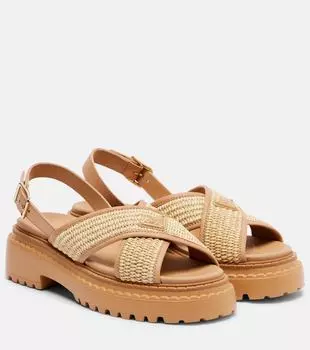 Крючком логотип и кожаные платформенные сандалии Prada, Neutral