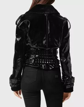 Крупногабаритная овчина и ампер; Лакированная кожаная куртка Philipp Plein, черный