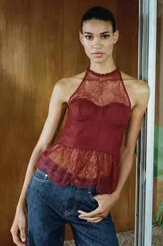 Кружевной топ на бретельках ZARA, бордовый