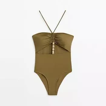 Купальник Massimo Dutti Cut-Out With Stone Details, хаки