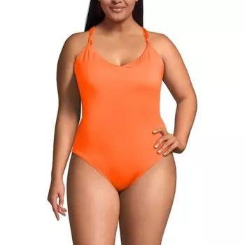 Купальник Plus size без затяжек с быстрой сушкой, V-образным вырезом и высокой боковой линией Lands' End, цвет neon tangerine