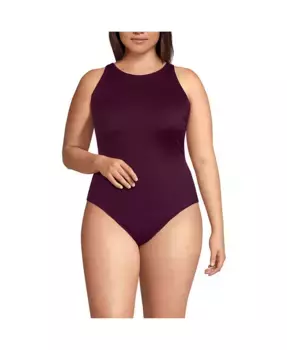 Купальник Plus Size Tugless с высоким вырезом и эффектной спинкой One Piece Lands' End, фиолетовый