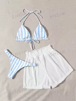 Купальник полосатый Shein Swim Vcay, синий / белый