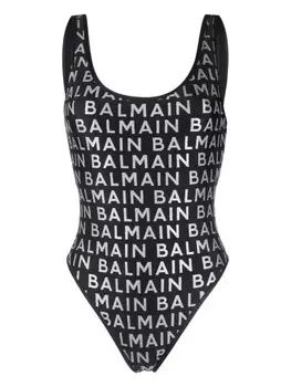 Купальник с U-образным вырезом и логотипом Balmain, черный