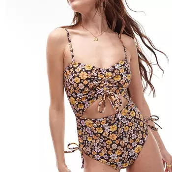 Купальник Topshop Cut Out Ruche Side Ditsy Floral Print, коричневый/мультиколор