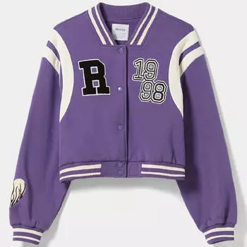 Куртка Bershka Cropped Varsity, фиолетовый/белый