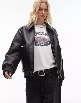 Куртка-бомбер из искусственной овчины черного цвета Topshop