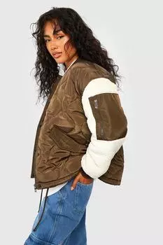 Куртка с рукавами из искусственного меха Boohoo, хаки