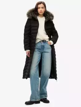 Куртка Superdry Fuji Faux Fur Hooded Longline, черный