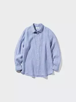 Льняная рубашка премиум-класса regular fit в полоску, с обычным воротником Uniqlo, синий