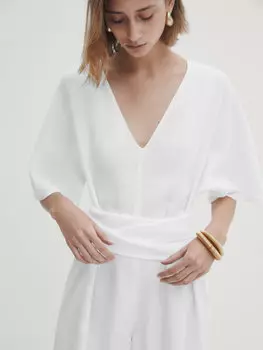 Льняной комбинезон с завязками Massimo Dutti, белый