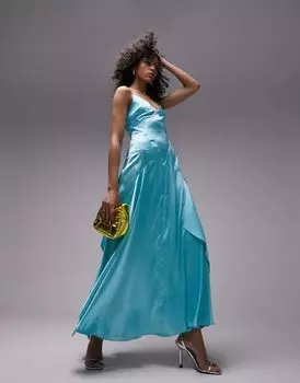 Лазурное атласное платье миди Topshop