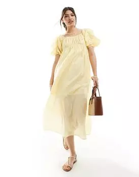 Лимонное свободное платье миди из вуали с пышными рукавами ASOS DESIGN
