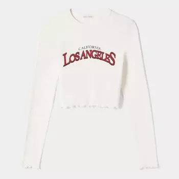 Лонгслив Bershka Cropped With Print, белый