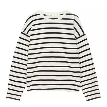 Лонгслив Pull&Bear Basic Long Sleeve Stripe, черный/кремовый