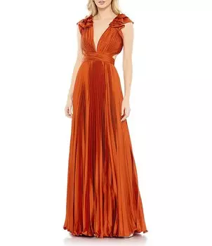 Mac Duggal Атласное платье трапециевидной формы с рюшами и рукавами-крыльями и вырезами в складку, глубоким V-образным вырезом и ремешками на спине, оранжевый
