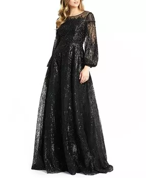 Mac Duggal Платье А-силуэта с длинными рукавами и инкрустацией драгоценными камнями, черный