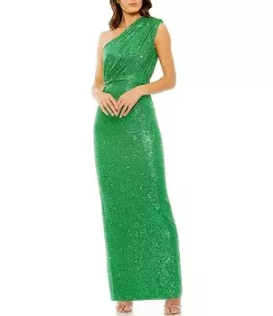Mac Duggal Платье на одно плечо со сборками и пайетками, зеленый