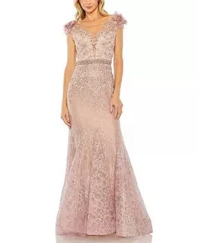 Mac Duggal Платье-труба с вышитым лифом и аппликацией, коричневый