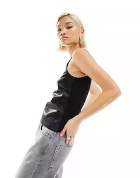 Майка Mango Leather Look Front, черный