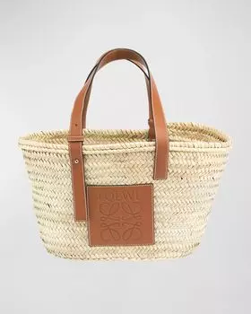 Маленькая сумка Basket из пальмового листа с кожаными ручками Loewe, цвет Natural/Tan