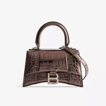 Маленькая сумка Hourglass из кожи с тиснением под крокодила с верхней ручкой Balenciaga, цвет metallic