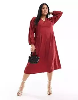Малиновое структурированное платье миди с объемными рукавами ASOS DESIGN Curve