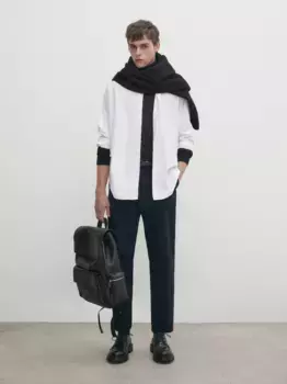 Меланжевая двухслойная хлопковая рубашка классического кроя Massimo Dutti, белый