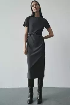 Миди платье с поясом ZARA, серый
