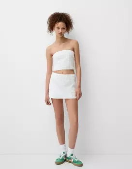 Мини-Юбка со стразами Bershka, белый